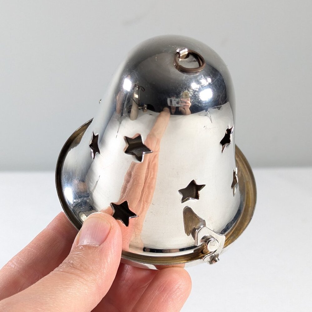 Silver plated Christmas bell pomander, electric tealight holder tree decoration